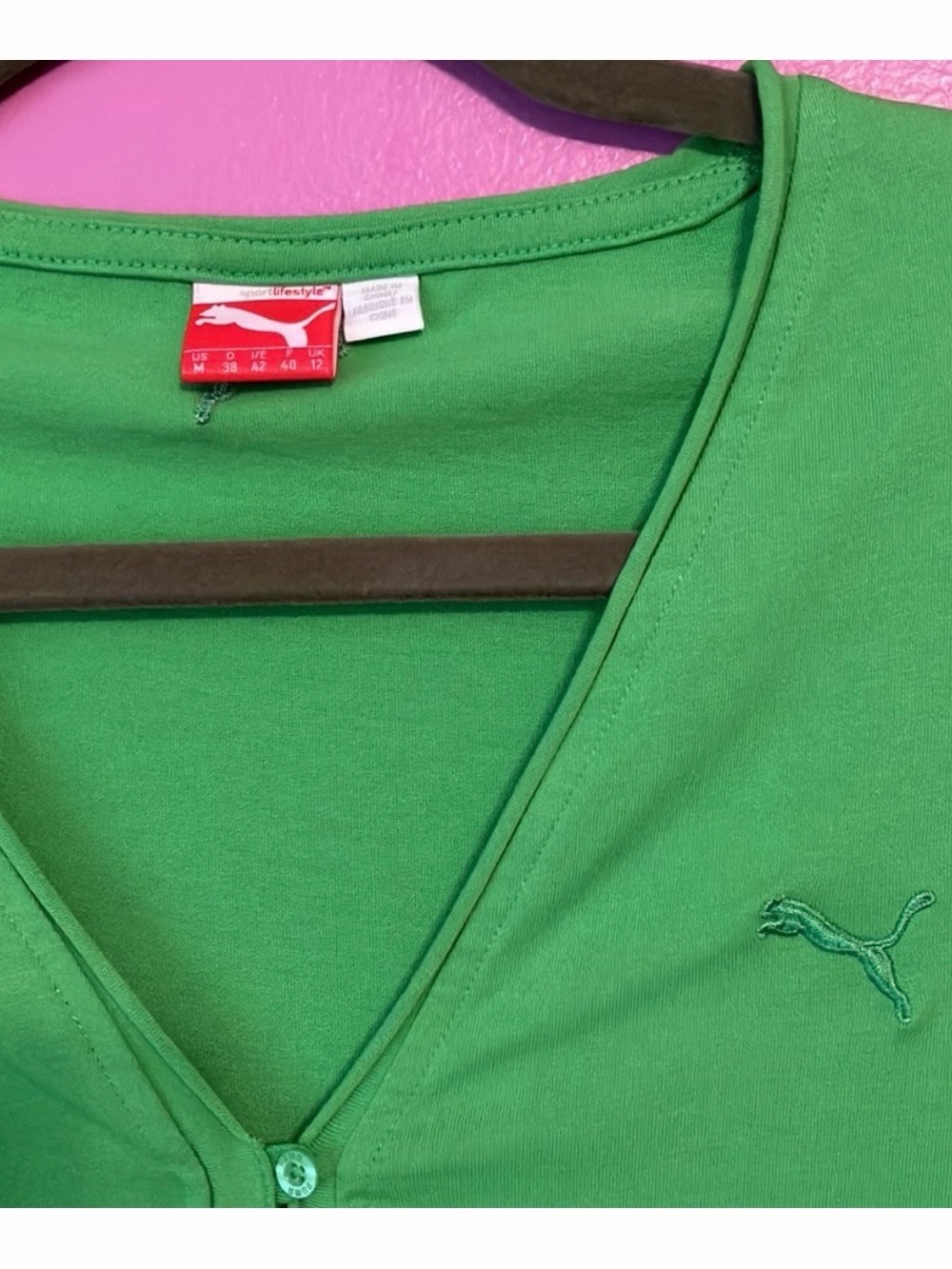 Puma Bright Green V-Neck Tee with Embroidered Cat Logo
